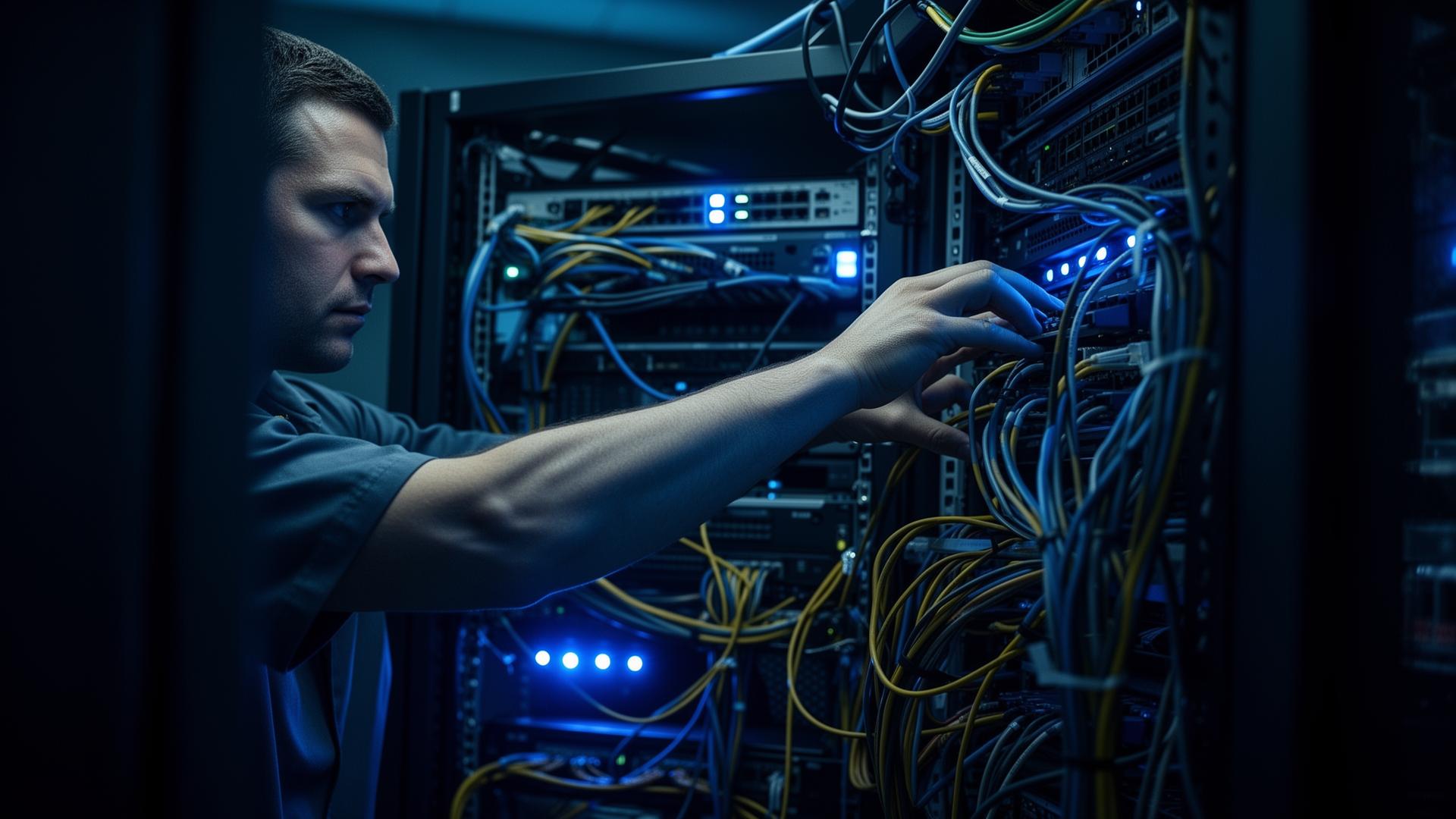 Técnico de TI trabalhando em rack de servidores com cabeamento de rede